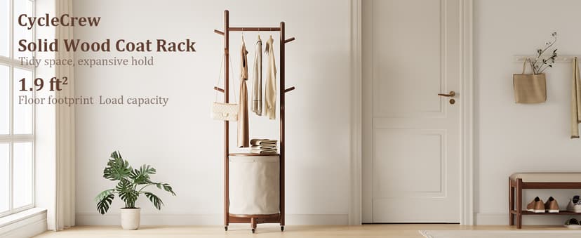 Solid Wood Coat Rack with Fabric Basket - Coat Hanger Stand Coat Tree Rack Freestanding with 9 Hooks Wheels, Small Clothes Rack For Entryway Bedroom Hallway Living Room