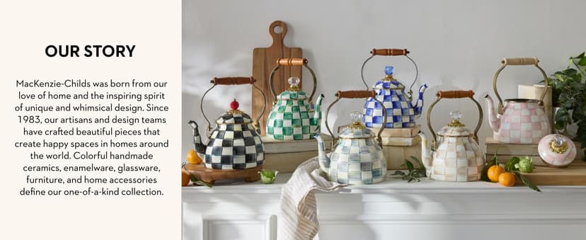 MACKENZIE-CHILDS Enamel Tea Kettle, Stylish Tea Kettle for Stovetop, Green-and-White Emerald Check, 2 Quarts