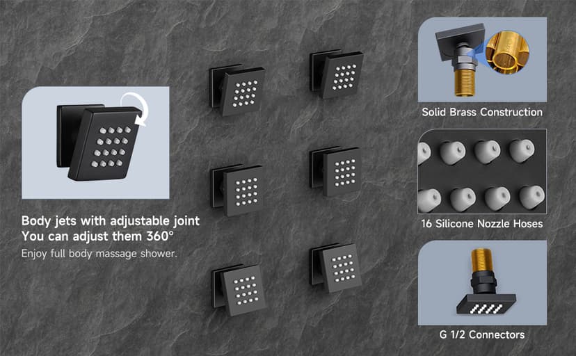 Smart Shower System with Body Jets, Black Shower Head and Handle Set,16" Ceiling Mount Rainfall Waterfall Shower Jets System with Tub Spout,Thermostatic Shower System Bathroom with Music and Led Light