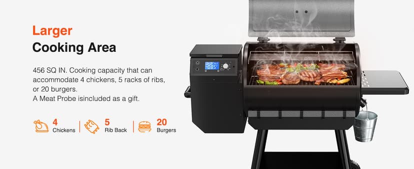 LCD Control Wood Pellet Smoker Grill, 456 SQ. IN Cook Area, Pellet Grill with Auto Feed & Leaking Waste, 500°F Max Temperature, 8 in 1 BBQ Grill with Meat Probe, Side Table with Hooks(Black)