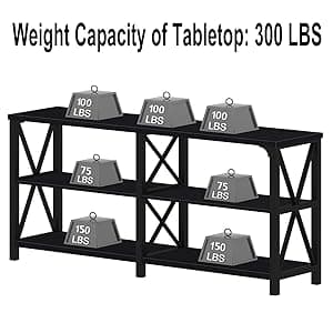 IBF Black Console Table, Modern Industrial Sofa Table with 3 Tier Storage Shelves, Farmhouse Wooden Metal Entryway Table for Living Room, Hallway, or Foyer, Black Oak, 63 Inch