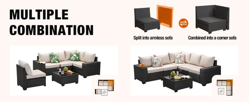 6 Pieces Patio Furniture Set All-Weather Outdoor Wicker Sectional Conversation Sofa Rattan Patio Seating Sofa with Cushion and Glass Table for Porch Poolside,Beige