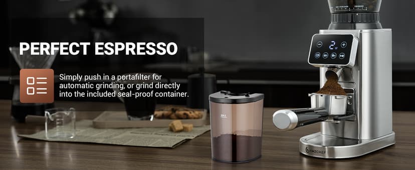 AMZCHEF Coffee Grinder, Coffee Bean Grinder for Home Use with Precise Grinding, LED Control Panel, Detachable Funnel Stand, Anti-static Design, 48 Grind Settings, silver