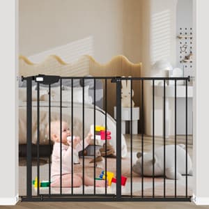 WAOWAO Triple Lock Baby Gate Extra Wide 67.32-72.04" Pressure Mounted Walk Through Swing Auto Close Safety Black Metal Dog Pet Puppy Cat for Stairs,Doorways,Kitchen