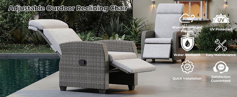 Outdoor Wicker Recliner Chair, Patio Recliner with Independently Adjustable Backrest and Footrest, All-Weather PE Wicker Patio Reclining Lounge Chair with Flip-Up Table Air Pump 155° Lay Flat