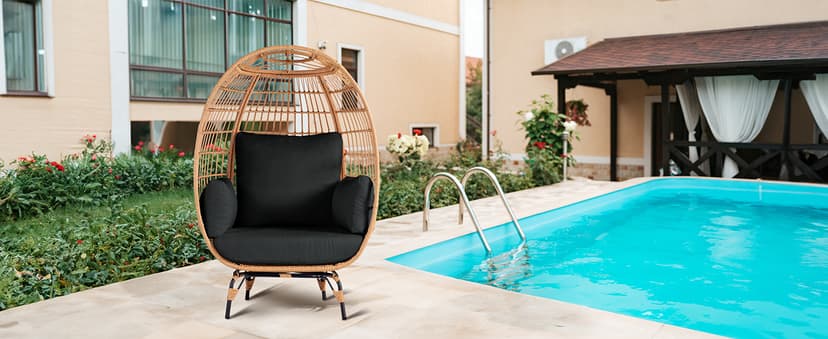 Outdoor Egg Chair, PE Wicker Chair with 4 Thicken Cushions, Patio Chairs 440 lbs Capacity, Oversized Balcony Chairs with Durable Steel Frame Perfect for Balcony, Backyard, Bedroom-Dark Black