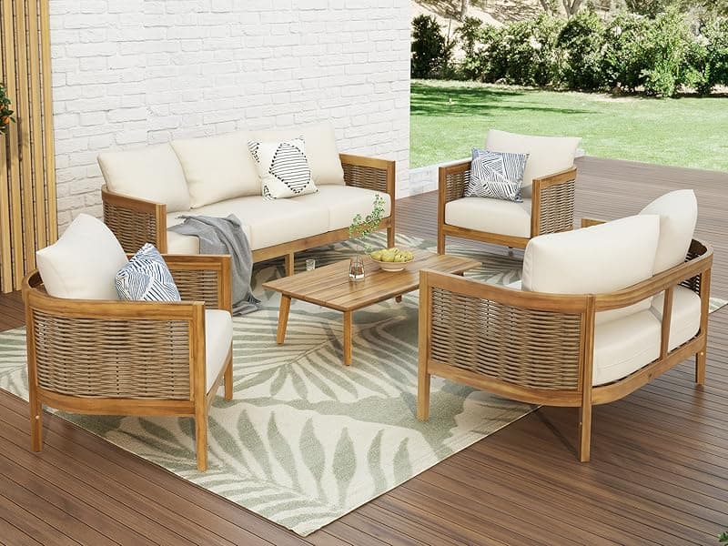 Merax 5-Piece Outdoor Acacia Wood Wicker Conversation Set with 3 Seater Sofa,Loveseat,2 Chairs and Coffetable for Backyard