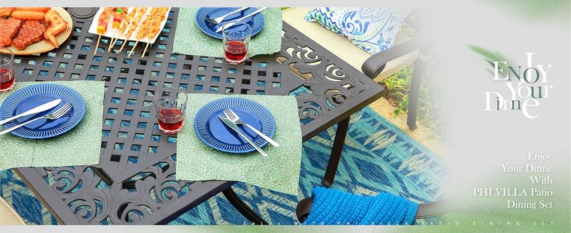 PHI VILLA Cast Aluminum Patio Dining Set for 6 Person, 7 Piece Outdoor Patio Set with 64" x 37" Cast-Top Aluminum Table(2.3" Umbrella Hole), 4 Dining Chairs and 2 Swivel Rockers with Seat Cushions