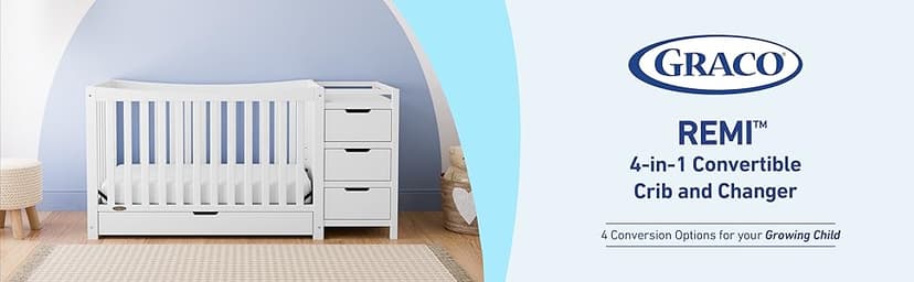 Graco Remi 4-in-1 Convertible Crib & Changer with Drawer (Gray) – GREENGUARD Gold Certified, Crib and Changing -Table Combo, Includes Changing Pad, Converts to Toddler Bed, Daybed and Full-Size Bed