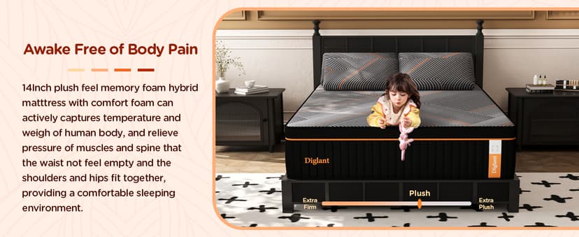 DIGLANT King Mattress,14 Inch Plush Hybrid Mattress, Black Memory Foam with Individually Pocket Coils Mattress King Size in Box, Euro Top Mattress for Pressure Relief,Balanced Support, 76"*80"