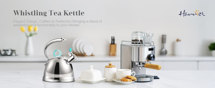 Harriet Tea Kettle Stovetop, 2.5 Quart Whistling Stainless Steel Tea Pot, 3-Layer Base, Unique Ergonomic Handle, Includes Pot Holder & Mat, Electric/Induction/Gas Stovetops Applicable, Mirror Finish