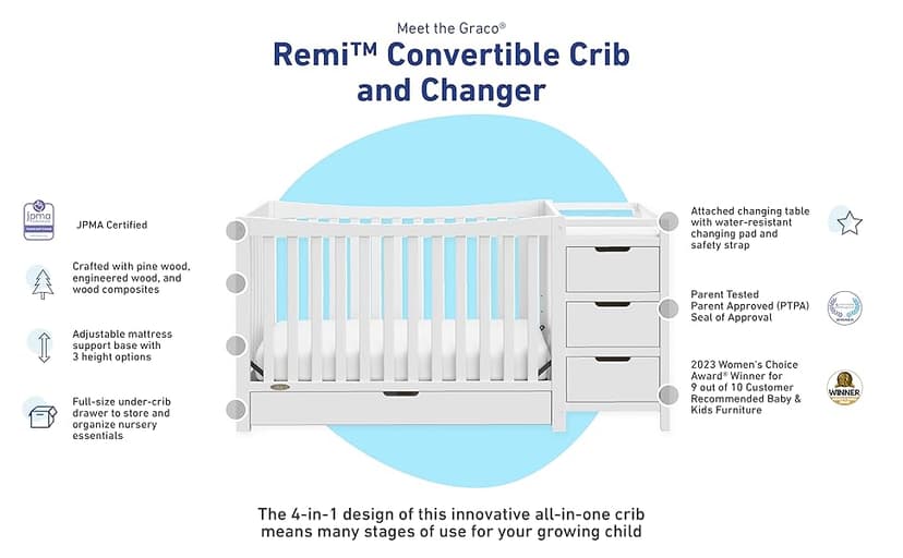Graco Remi 4-in-1 Convertible Crib & Changer with Drawer (Gray) – GREENGUARD Gold Certified, Crib and Changing -Table Combo, Includes Changing Pad, Converts to Toddler Bed, Daybed and Full-Size Bed