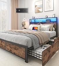 Lifezone Queen Bed Frame with 2-Tier Storage Headboard, Metal Platform Bed Frame with 4 Storage Drawers, Built in Charging Station & LED, Noise-Free/Metal Support/No Box Spring Needed, Vintage Brown