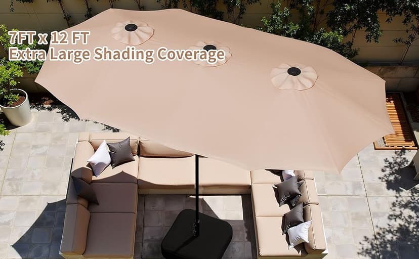 Shintenchi 13FT Large Patio Umbrella with Base, Outdoor Double-Sided Rectangular Shade with Crank Handle for Poolside Lawn Garden, Khaki