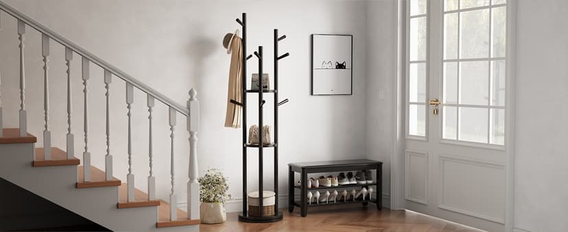 KungFuWood Coat Rack, Solid Wood Rotary Coat Rack Stand, Freestanding Coat Rack with 3 Shelves and 9 Hooks, Sturdy and Easy to Assemble Coat Tree for Entryway, Bedroom, Coats, Bags (Black)