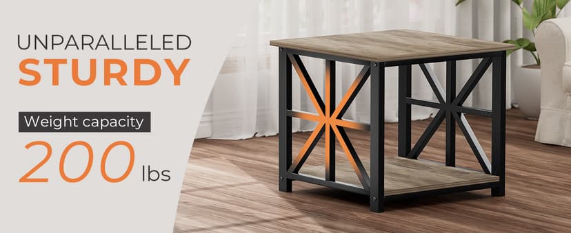 GreenForest End Table with 2-Tier Storage Shelf, 24 inch Large Side Table for Living Room,Modern Nightstand for Bedroom Bedside Office Farmhouse, Grey Wash