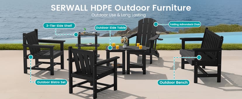 SERWALL 3 Pieces Patio Bistro Set, All Weather Adirondack Chair Set with Side Table, HDPE Material Outdoor Patio Furniture Set for Balcony, Porch, Garden, Backyard- Black