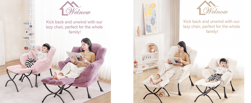 Welnow Lazy Chair with Ottoman, Modern Lounge Accent Chair with Armrests and a Side Pocket, Leisure Sofa Armchair, Reading Armchair with Footrest for Small Space, Plush Grey