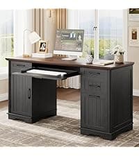 56" Large Modern Executive Desk, Farmhouse Computer Desk with File Drawers, Wood Home Office Desks with Charging Station, Adjustable Shelf, Storage Cabinet, for Writing Work Study (Black)