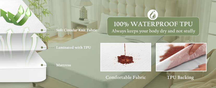 100% Waterproof Queen Mattress Protector, Breathable Bamboo Rayon Mattress Cover with 8”-21” Deep Pocket, Noiseless Cool 3D Air Mattress Cover, Hypoallergenic & Odor Resistant