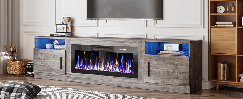 VITESSE TV Stand with 36" inch Electric Fireplace Up to 90" TVs, LED Light Entertainment Center, 80" Modern Wood High Gloss Fireplace with Highlight Storage Cabinet for Living Room (Gray)