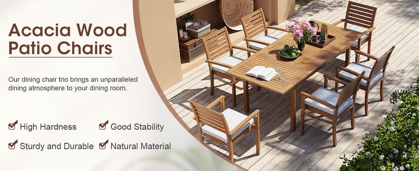 OC Orange-Casual Stackable Patio Dining Chairs Set of 4, Outdoor Acacia Wooden Chairs w/Armrest & Removeable Fabric Cushion, for Porch, Backyard, Garden, Indoor, Beige
