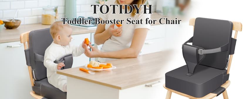 Toddler Booster Seat for Dining Table, Non-Slip Kitchen Chair Booster Seat with Backrest and Adjustable Straps, Portable PU Waterproof Travel Baby Booster Increasing Cushion