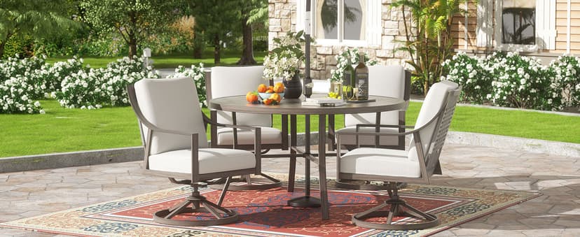 NATURAL EXPRESSIONS 5-Piece Outdoor Patio Dining Set, 4pcs Patio Swivel Rocking Chairs and 38’’ Round Dining Table with 1.65’’ Umbrella Hole