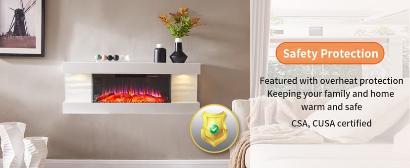 PuraFlame Alsa 44 Inch Wall Mounted Electric Fireplace All-in-One with Multi Ambient Light Colors, Remote, 1500W Heater, White