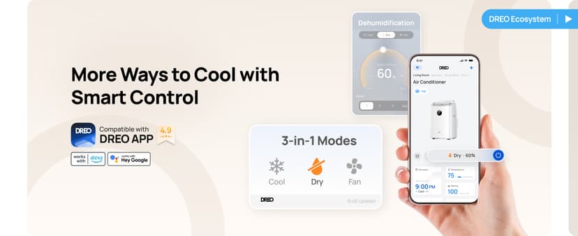Dreo Portable Air Conditioners, 8000 BTU ASHRAE (5000 BTU DOE) Smart AC Unit for Bedroom with Drainage-free Cooling, 45dB Quiet, APP/Voice/Remote, Portable AC for Room Indoors, AC318S
