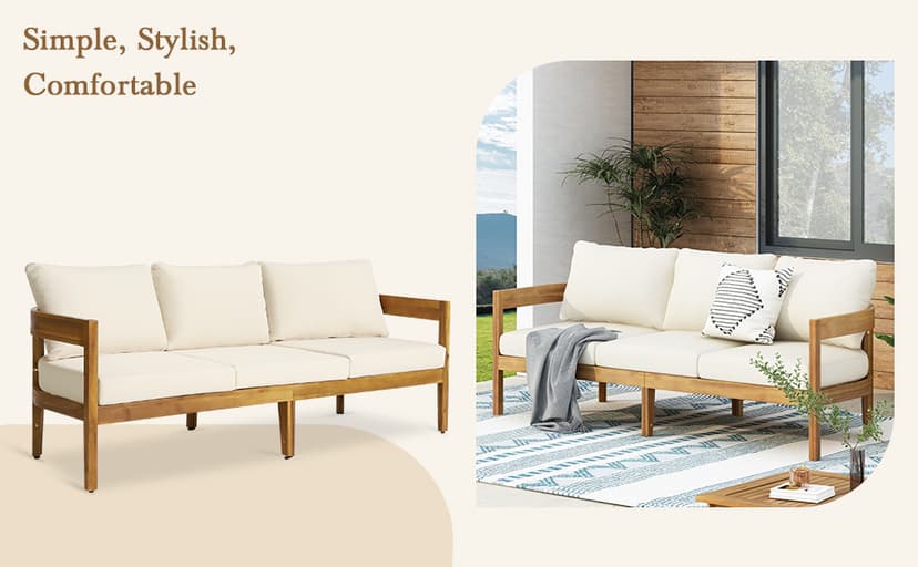 Christopher Knight Home Brooklyn Outdoor 3 Seater Sofa with Cushions - Acacia Wood - Teak/Beige