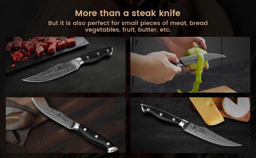 Steak Knives Set of 8, 4.8 Inch Straight Edge Ultra Sharp Durable Meat knives with Rest, High Carbon Stainless Steel Damascus Pattern Triple Rivet Handle, Ideal for Home Restaurant Party