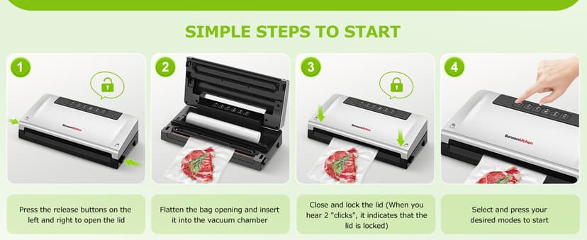 Bonsenkitchen Food Vacuum Sealer Machine with External Vac Function, Built-in Cutter & Bag Storage, 5 Modes for Various Food Types, Includes 10 Bags & 1 Roll (Silver)