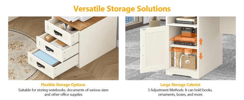 TVU Farmhouse Computer Desk with Drawers, 65'' Home Office Desk with Power Outlets, Storage Cabinet and Printer Stand, Study Writing Desks with Long Monitor Stand, White