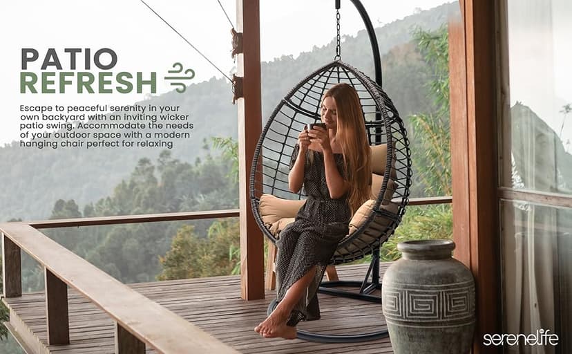 SereneLife Hanging Wicker Egg Swing Chair with Cushions & Stand – Brown Rattan Outdoor/Indoor Chair with 66 lb Capacity, Powder-Coated Steel Frame, Washable Weather-Resistant Cushions