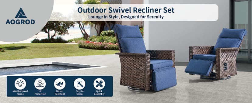 Swivel Patio Recliner Chairs Set of 2, 360° Rotation Outdoor Lounge Chairs, Adjustable Backrest & Footrest, Wide Armrests, PE Wicker with Removable Cushions for Deck, Poolside, Garden