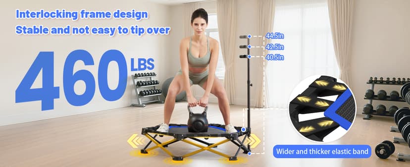 Foldable Mini Trampoline, Rebounder Trampoline with Adjustable Foam Handle, Fitness Trampoline for Indoor, Outdoor, Home Gym, Max Load 460lbs