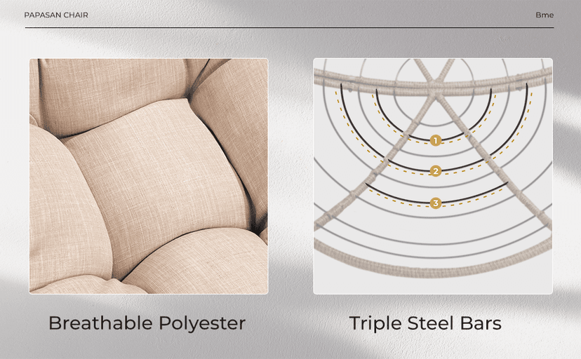 Bme 40" Ergonomic Wicker Papasan Chair with Soft Thick Density Fabric Cushion, High Capacity Steel Frame, 360 Degree Swivel for Living, Bedroom, Reading Room, Lounge, Sepia Sand - Brown Base