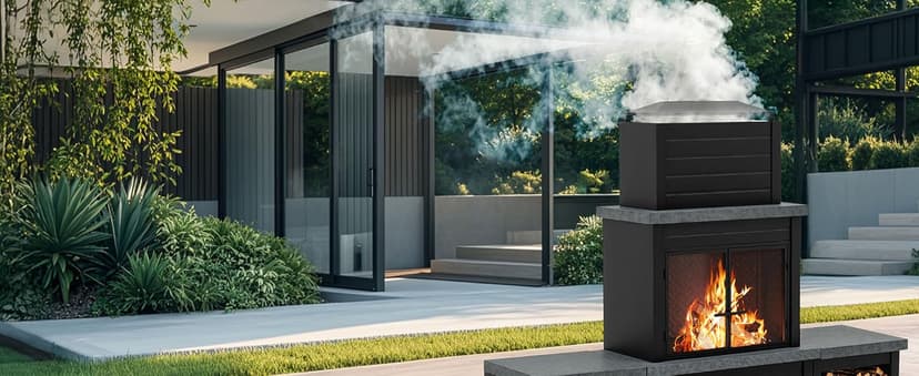 Sunjoy Outdoor Fireplace with Wood Storage and Chimney, Steel Metal Fire Pit with Mesh Spark Screen Door & Fire Poker, Fireplace Tool and PVC Cover, for Patio Garden Deck Backyard, Black