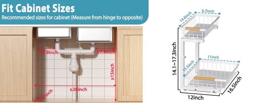 Under Sink Organizer 2 pack, 2 Tier Slide Out Under Sink Organizers And Storage, Height Adjustable Pull Out Cabinet Drawers, Kithcen Bathroom Metal Storage Caddy Shelf, White