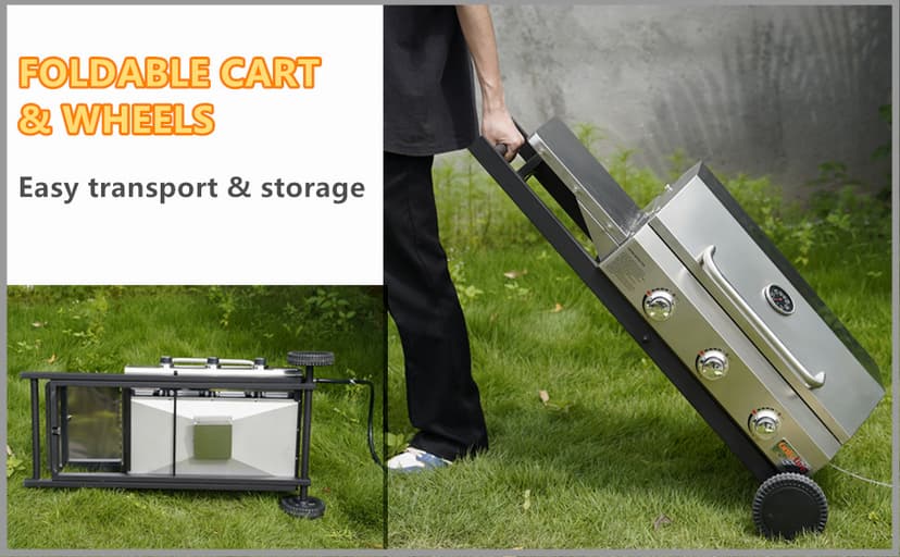 Onlyfire BBQ Gas Grill 3-Burner with Foldable Cart & Side Table, Portable Propane Grill with Lid for Outdoor Patio Backyard Barbecue Camping Tailgating RV Trip, Stainless Steel, GS308