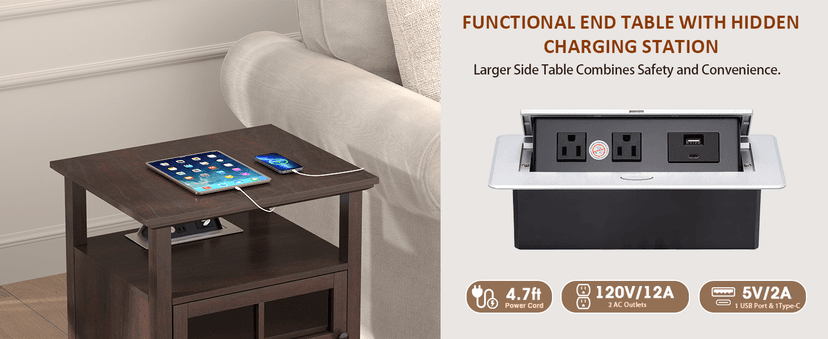 HIFYOBRO 24''Tall End Table with Charging Station, Adjustable Shelf, Storage Side Table,21" Large Nightstand for Living Room, Bedroom,Espresso