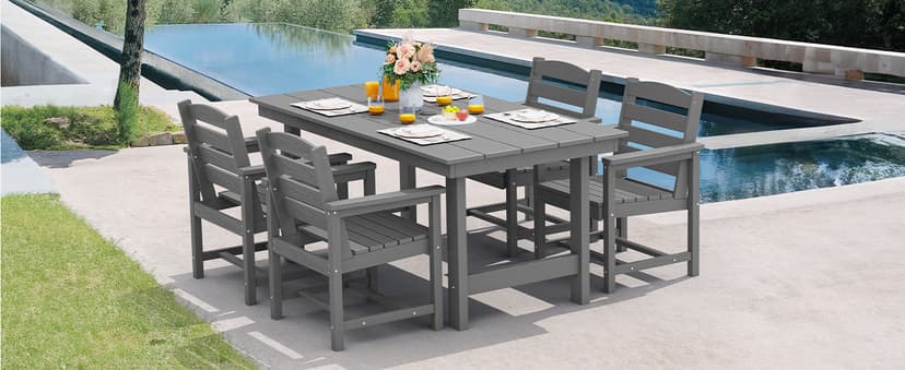 SERWALL Outdoor HDPE Dining Table Set, 7-Piece Outdoor Dining Table Sets with Umbrella Hole Cut-Out Table and 6 Chairs, Gray