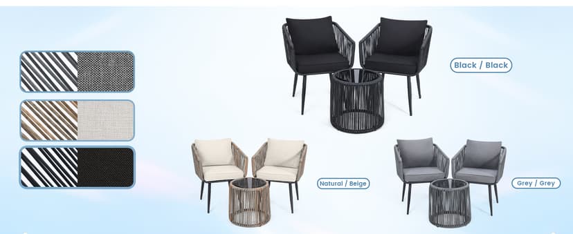 Kromax 3 Pieces Patio Rattan Bistro Conversation Set, Outdoor All-Weather Wicker Furniture Chairs and Side Table Set Ideal for Balcony, Porch and Backyard, Black