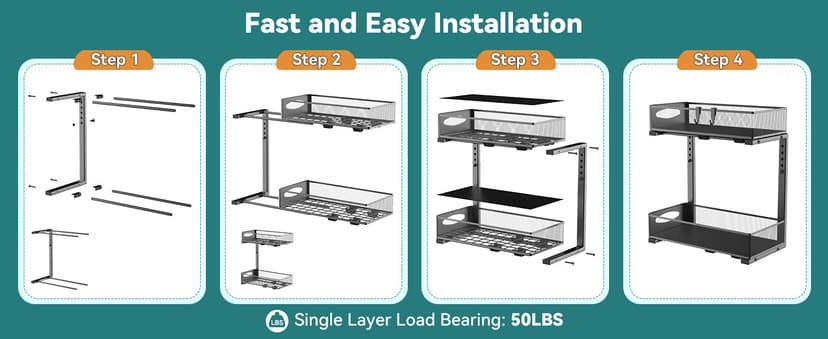 2 Pack Under Sink Organizer, 2 Tier Metal Pull Out Under Sink Storage with Sliding Mesh Drawers, Height Adjustable Slide Out Under Sink Organizer for Kitchen Bathroom Cabinet, Black
