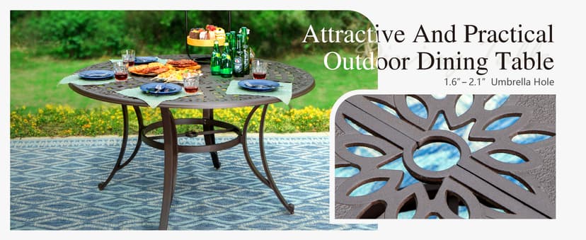 Sophia & William 7 Pieces Cast Aluminium Patio Dining Furniture Set for 6, Powder-Coating Outdoor Dining Chairs and Round Table with 2.2" Umbrella Hole for Porch Backyard Deck, Bronze