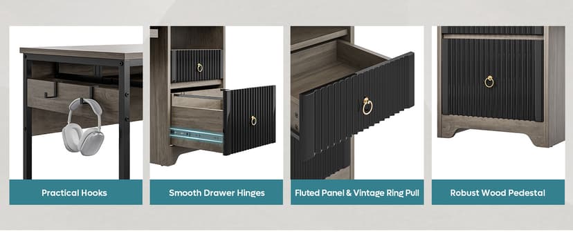 Bestier 55 Inch Computer Desk with Keyboard Tray, Modern Office Desk with Storage, Wood Writing Desk with File Drawer, Fluted Panel & 2 Hooks for Home Office & Studio, Natural Oak