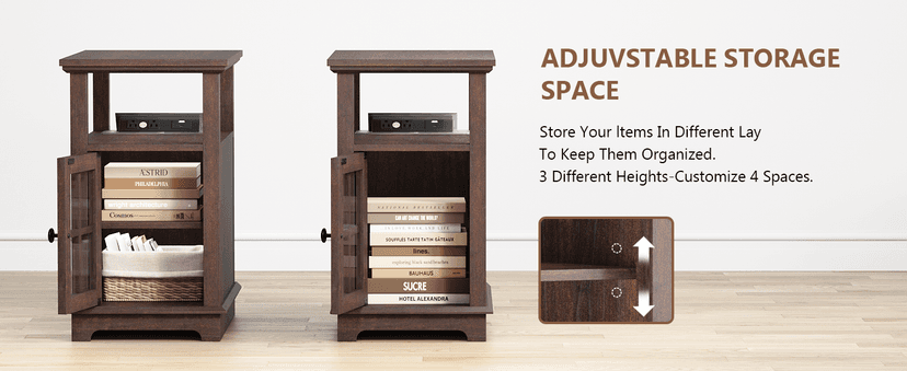 HIFYOBRO Narrow End Table with Flip Top Charging Station, Adjustable Shelf, Type-C & USB Port & Power Outlets, Side Table with Storage for Living Room/Bedroom/Home Office