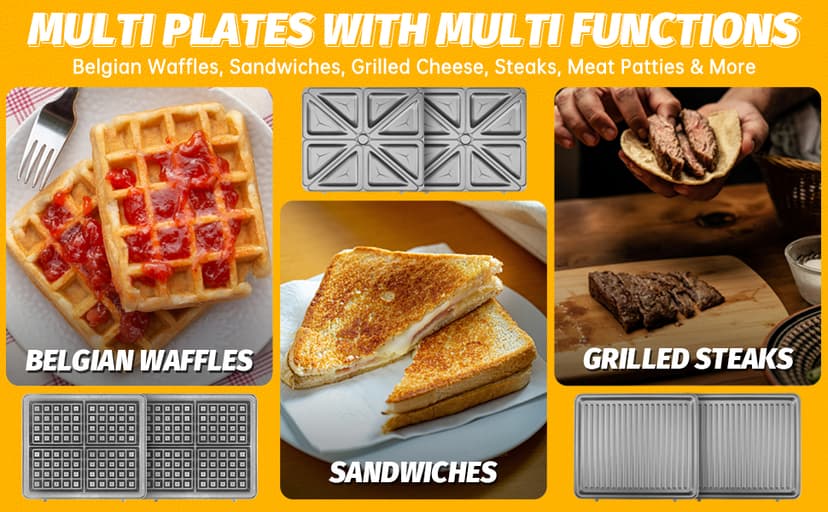 Panini Grill Press Breakfast Sandwich Maker 3 in 1, Electric Griddle Panini Press, Grilled Cheese Maker, Sandwichera Electrica, Belgian Waffle Maker with Removable Plates