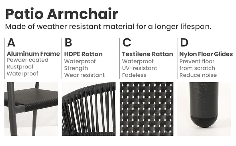 4 Pcs Stackable Patio Dining Chairs, Aluminum Rattan Outdoor Dining Chair with Arms, Woven Rope Garden Armchair Metal No Assembly for Bistro Balcony Porch Deck Yard Cafe Restaurant, Black